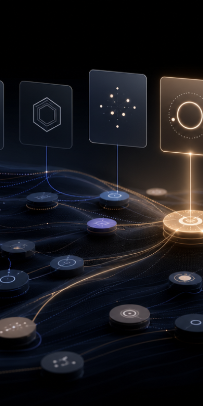 Abstrakte Visualisierung von AI Visibility mit Markensignalen und KI-Provider-Symbolen.