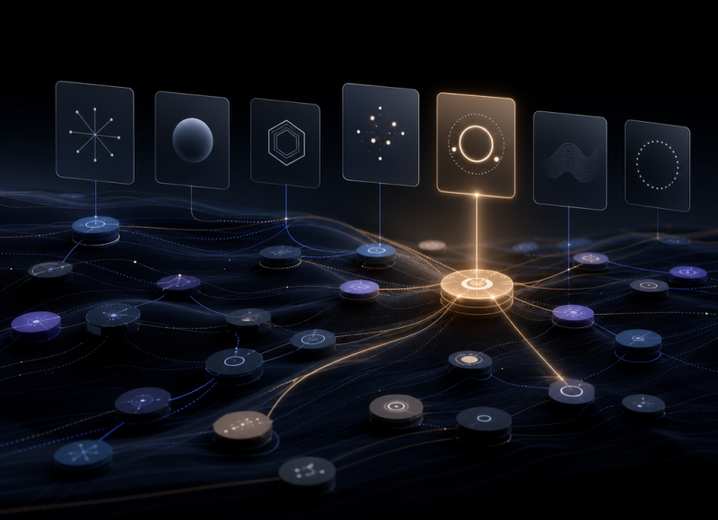 Abstrakte Visualisierung von AI Visibility mit Markensignalen und KI-Provider-Symbolen.